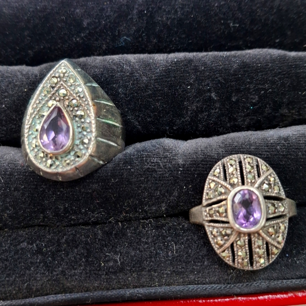 Vintage and unique Amythest And Marcasite Sterling two Rings stamped 925